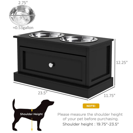 Raised Dog Bowl Stand with Storage Drawer — 2 Stainless Steel Bowls