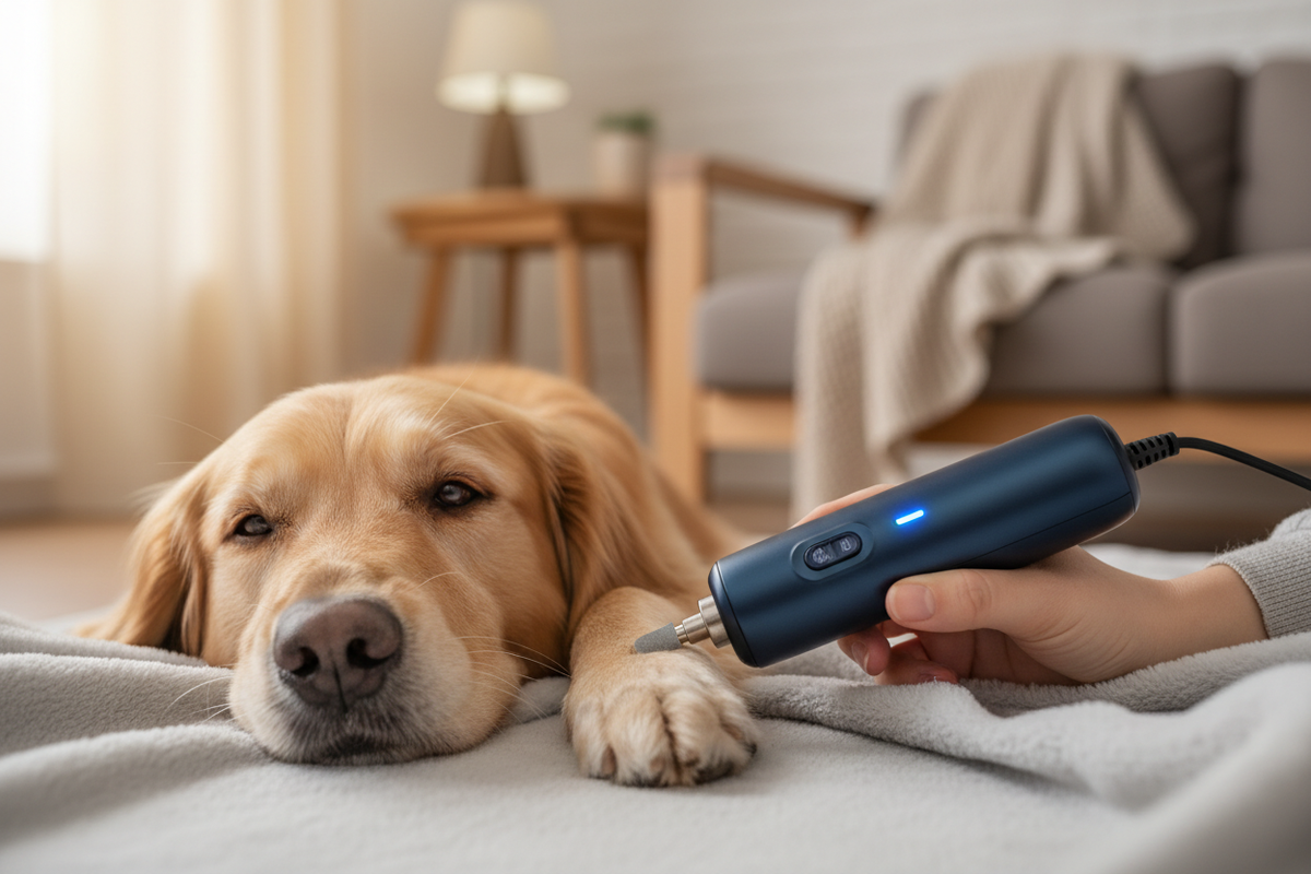 Happy dog getting nails gently groomed with quiet USB rechargeable nail grinder