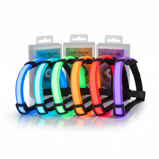 LED adjustable dog collar glowing on white background