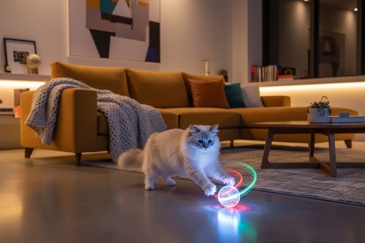 Playful cat chasing glowing LED rolling ball toy across living room floor